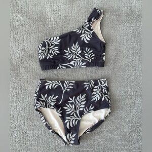 Albion Black One-Shoulder Bikini with White Leaf Print